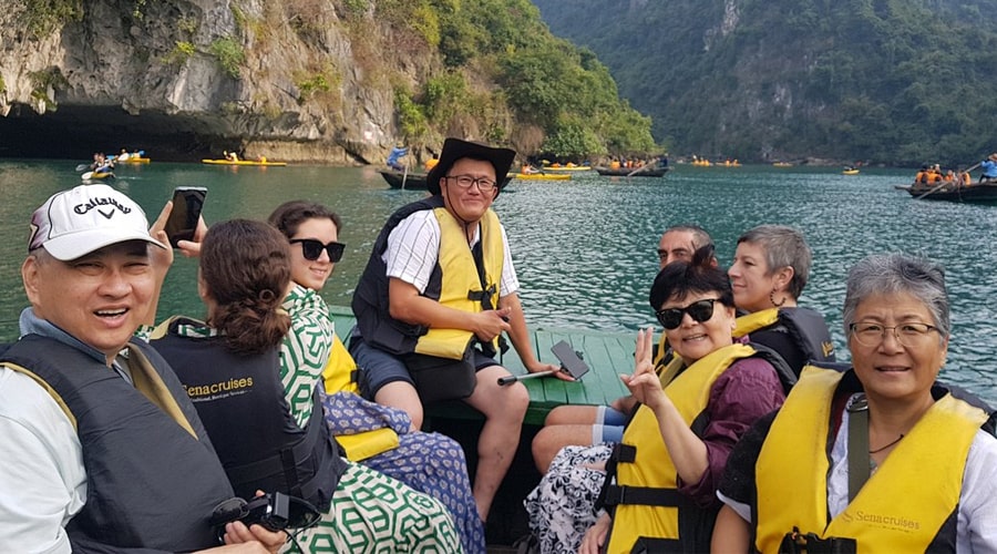 bamboo boat in Halong Bay